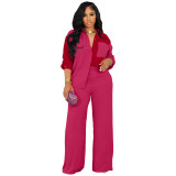 Women Colorblock Pocket Casual Shirt Top and Pant Two-piece Set