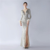 Women Elegant Ostrich Feather Long Sleeve Sequined Formal Party Evening Dress