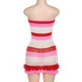 Summer Women Sexy Strapless Backless Color Block Lace Knitting Dress