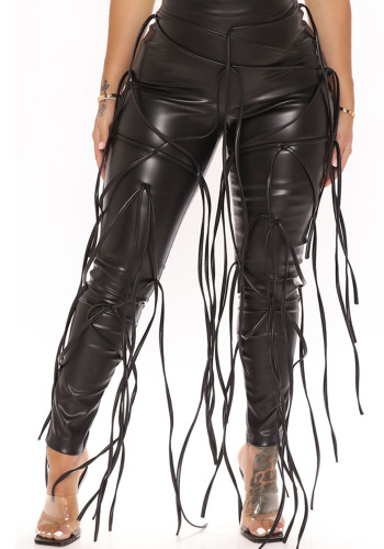 Women Casual Lace Up Tassel pu Leather Pants