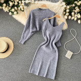 Women French sexy Bodycon Strap Dress +and loose knitting sweater two-piece set