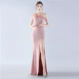 Women Elegant Beaded Ostrich Feather Satin Formal Party Maxi Evening Dress