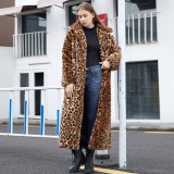 Women Leopard Turndown Collar Furry Long Coat