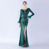 Women Elegant Ostrich Feather Long Sleeve Sequined Formal Party Evening Dress