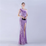 Women Elegant Beaded Ostrich Feather Slash Shoulder One Shoulder Formal Party Evening Dress