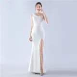 Women Elegant Beaded Ostrich Feather Satin Formal Party Maxi Evening Dress