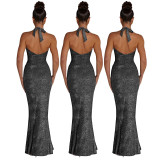 Women Sexy Maxi Dress with Swing Collar and Tie Fishtail