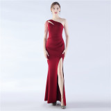 Women Elegant Beaded Satin One Shoulder Slash Shoulder Formal Party Maxi Evening Dress