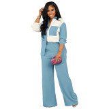 Women Colorblock Pocket Casual Shirt Top and Pant Two-piece Set