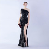 Women Elegant Beaded Ostrich Feather Slash Shoulder One Shoulder Formal Party Evening Dress