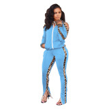 Women off-shoulder sports leopard print Patchwork contrast top and pant two-piece set
