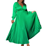 Plus Size Women's V Neck Fashion Chic Solid Color Pleated Dress