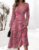 Autumn and winter fashion Chic elegant printed v-neck long-sleeved dress