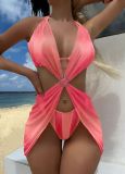 Stripe Gradient Heart Print Mesh Skirt Bikini Three-Piece Swimsuit