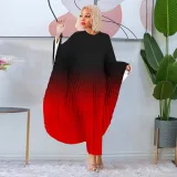 Plus Size Women's Bat Sleeves Ombre Pleated Dress