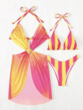 Stripe Gradient Heart Print Mesh Skirt Bikini Three-Piece Swimsuit