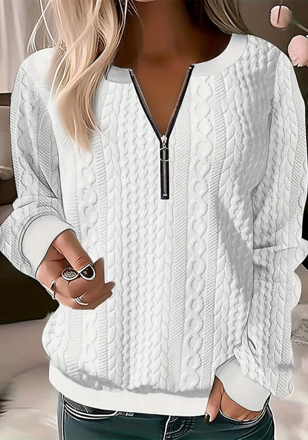 Plus Size Autumn Solid Color Long Sleeve Zipper V-Neck Loose Top Women's Clothing