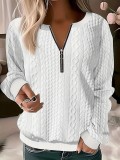 Plus Size Autumn Solid Color Long Sleeve Zipper V-Neck Loose Top Women's Clothing