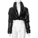 Women's winter pu Leather high collar button long sleeve short crop cotton padded top