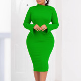 Autumn and Winter Long Sleeve Bodycon Plus Size Slash Shoulder Solid Color Women's African Dress