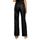 Solid color high-waisted straight trousers Chic autumn and winter leather pants