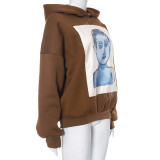 Women's Autumn and Winter Portrait Printed Appliqué Hooded Long Sleeve Hoodies Top