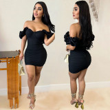 Slim and sexy solid color Off Shoulder  puffy sleeves Bodycon pleated dress