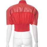 Women's Autumn and Winter Leather Patchwork Mesh Zipper Short Sleeve Crop Slim Waist Jacket