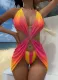 Stripe Gradient Heart Print Mesh Skirt Bikini Three-Piece Swimsuit