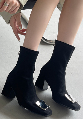 Patent Leather Square Toe Chunky Heel Short Boots for Women Autumn Suede Metal Buckle Martin Boots Back Zipper High Heel Naked Boots