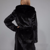 Faux Fur Coat Women's Maxi Black Belted Warm Jacket