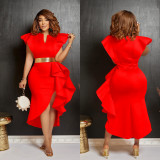 Fashion women's solid color belted ruffled irregular dress
