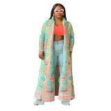 Pleated Printed Plus Size Long Jacket for Women