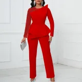 Long Sleeve Chic Mesh Patchwork Beading Slim Fit Formal Party Plus Size Jumpsuit