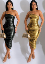 Fashion Women's Solid Color Sexy Slash Shoulder Pleated Dress