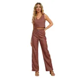 Solid color high-waisted straight trousers Chic autumn and winter leather pants