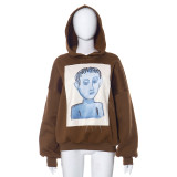 Women's Autumn and Winter Portrait Printed Appliqué Hooded Long Sleeve Hoodies Top