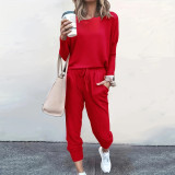 Autumn and Winter Women's Clothing Round Neck Loose Solid Color Long Casual Two-piece Pants Set