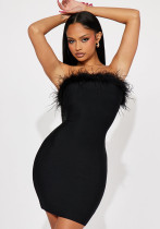 Sexy women's clothing autumn and winter Strapless feather bodycon dress