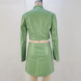 Women's Autumn Fashion Long Sleeve Crop Zipper Pu Jacket Bodycon Skirt Set for Women