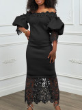 Women's Clothing Off Shoulder Lace Patchwork Puff Sleeve Formal Party Evening Dress