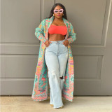 Pleated Printed Plus Size Long Jacket for Women