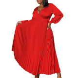 Plus Size Women's V Neck Fashion Chic Solid Color Pleated Dress