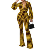 Women's Autumn and Winter V-neck Puff Sleeve Slim Waist Printed Wide Leg Plus Size African Jumpsuit