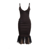Summer fashion solid color sleeveless mesh patchwork sexy dress