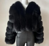 Women Winter Warm Patchwork Crop Long Sleeve Faux Fur Jacket