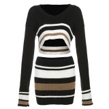 Fall Women sexy Crop Top and Bodycon striped Skirt two-piece set