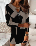 Plus Size Women Long Sleeve V-Neck Printed Bodycon Dress