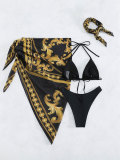 Women Retro Printed Mesh Bikini Swimsuit Three-Piece
