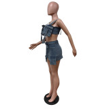 Women Denim Strapless 3D Pocket Top and Skirt Two-piece Set
